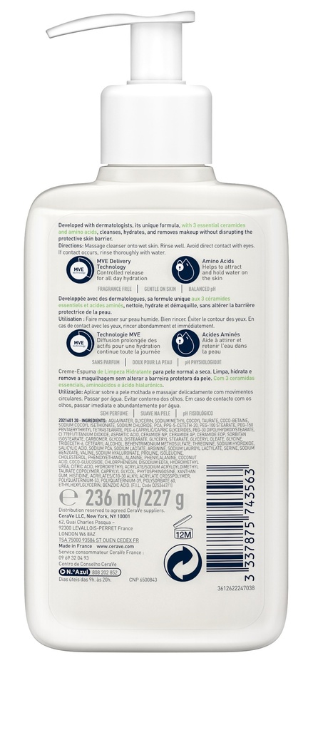 CeraVe Crème Moussante Nettoyante Hydratante Peau Normale à Sèche | 236ml