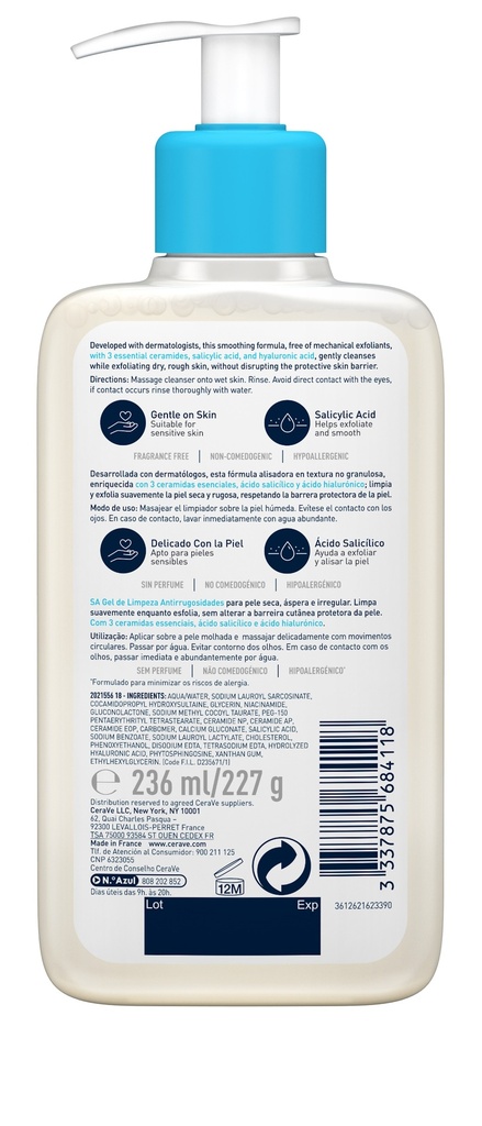 CeraVe SA Gel Nettoyant Anti-Rugosités Peau Sèche et Rugueuse | 236ml